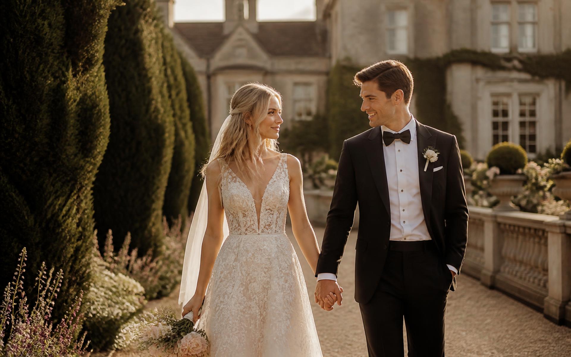 A bride and groom walking through a manor garden at golden hour