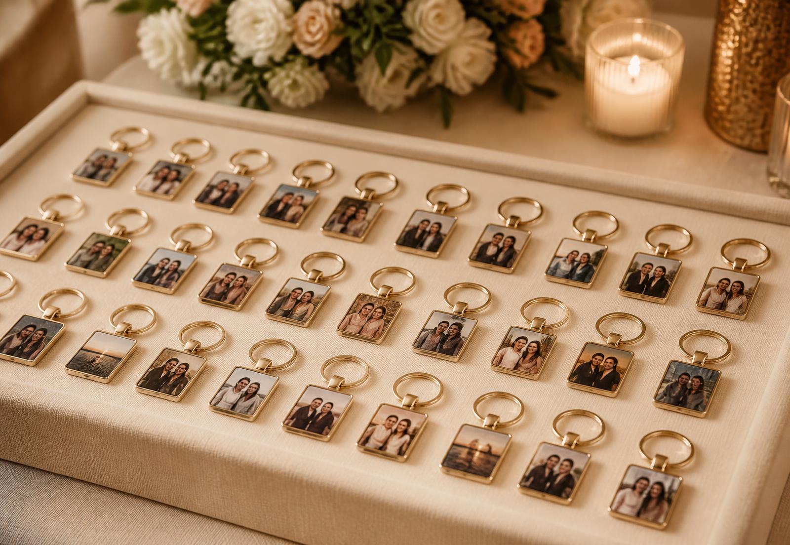 Rows of personalised keyrings ready for guests to collect